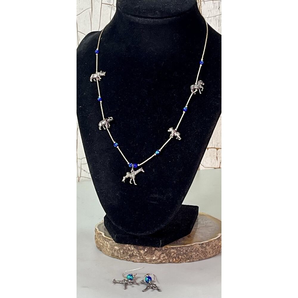 Sterling Silver Assorted Exotic Animal Charms Blue Beads Necklace & Earrings Set - Picture 11 of 16